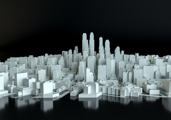 White abstract city from cubes on mirror floor