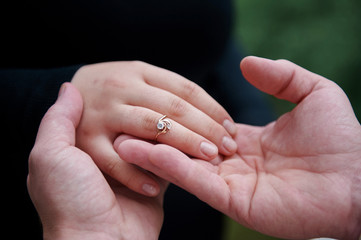 Man dresses an engagement ring on a woman finger