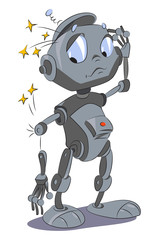 Cartoon image of broken robot. An artistic freehand picture.