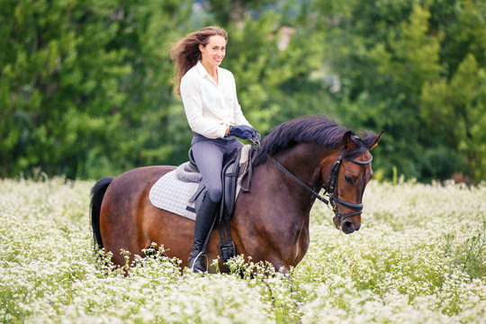 Young rider girl with long hair riding bay horse on camomile field