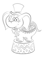 Cartoon image of elephant wearing circus hat. An artistic freehand picture.