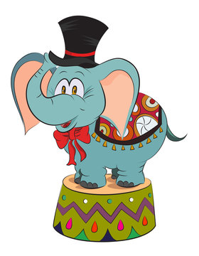 Cartoon image of elephant wearing circus hat. An artistic freehand picture.