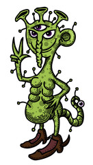 Cartoon image of space alien. An artistic freehand picture.