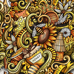 Cartoon cute doodles hand drawn Honey seamless pattern