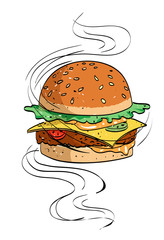 Cartoon image of tasty burger. An artistic freehand picture.