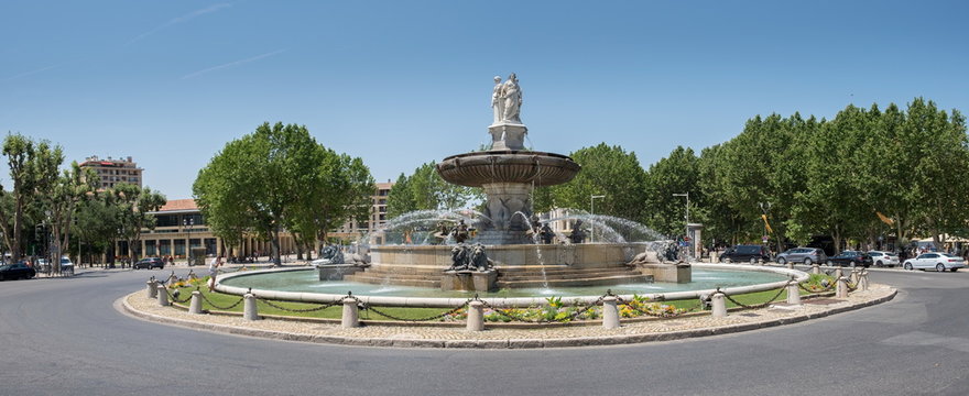 Panoramic view of  Fontaine de la Rotonde in Aix en Provence, France