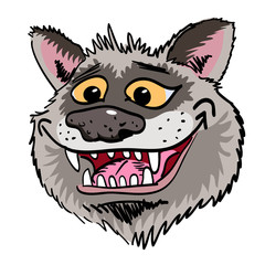 Cartoon image of grinning wolf face. An artistic freehand picture.