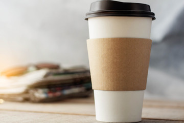 Cup of coffee on desk.