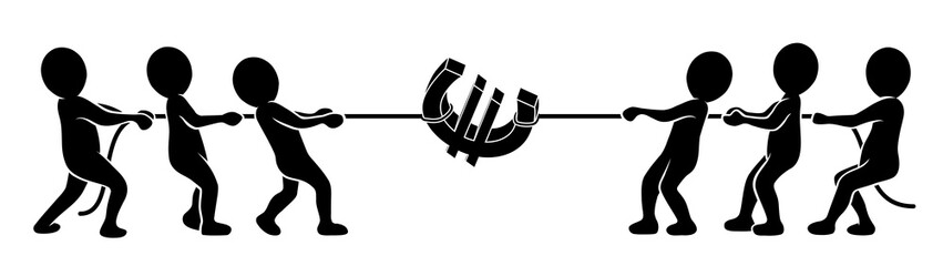 Wettbewerb: Eine Gruppe Strichmännchen streitet um Geld / schwarz-weiß, Vektor, freigestellt