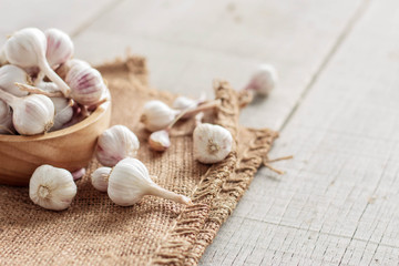 Garlic on sackcloth.