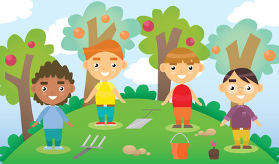 Obraz na płótnie Canvas Cartoon vector illustration of four little gardeners with garden tools. Playing in the yard. International friends.