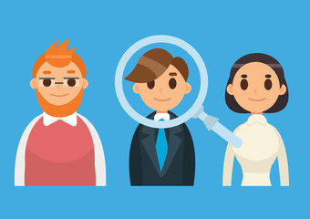 Headhunting and Recruitment illustration with candidate people. Flat icon vector illustration. Magnifying Glass.