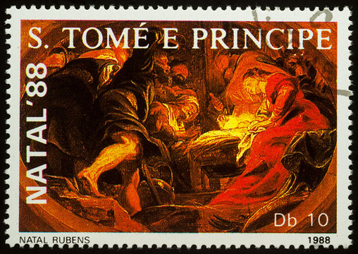 Painting Nativity scene on postage stamp
