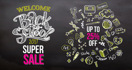 Fototapeta na wymiar Back to school super sale on blackboard