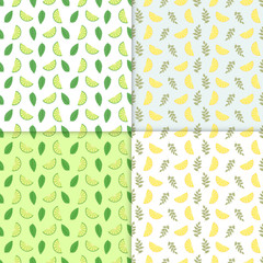 Summer background. Set of simple colorful seamless patterns - different fruits. Lime and lemon seamless pattern with juicy limes and leaves. Cool refreshing summer mojito background.
