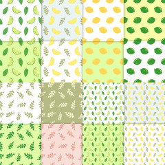 Summer background. Set of simple colorful seamless patterns - different fruits. Lime and lemon seamless pattern with juicy limes and leaves. Cool refreshing summer mojito background.
