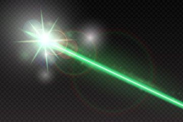 Abstract green laser beam. Magic neon light lines isolated on checkered background. Vector illustration