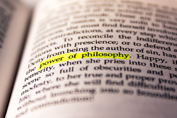 Fototapeta premium Book Highlighted Word Yellow Fluorescent Marker Paper Old Keyword Power of Philosophy