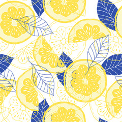 Citrons et feuilles modèle sans couture, jaune et bleu. citrons dessinés à la main