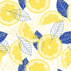 Papier Peint photo autocollant Citrons Citrons et feuilles modèle sans couture, jaune et bleu. citrons dessinés à la main