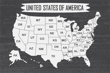 Fototapeta na wymiar Poster map of United States of America with state names. Black and white print map of USA for t-shirt, poster or geographic themes. Hand-drawn font and black map with states. Vector Illustration
