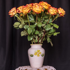   Save Download Preview Orange and yellow roses in the garden. The rose buds. Bright orange roses. Caring for garden roses. Rose Bush