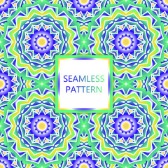 Seamless pattern design. Mandala round elements. Ethnic colorful background. For textile, print, carpet, wallpaper, package.
