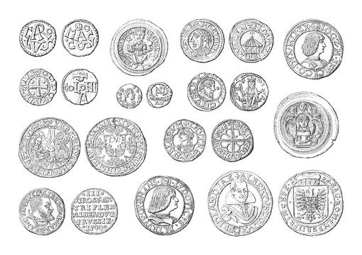 Old coins collection (500-1700) - vintage illustration