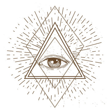 Eye of Providence. Masonic symbol. All seeing eye inside triangle pyramid. New World Order. Sacred geometry, religion, spirituality, occultism. Isolated vector illustration. Conspiracy theory.