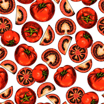 Vector hand drawn seamless pattern of tomatoes. Farm vegetables. Engraved colored art. Organic sketched objects. l