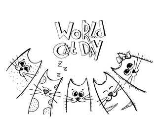 Vector background with words World cat day and hand drawn cartoon black and white cat. May be used as a love card.