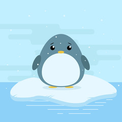 Cute cartoon illustration of penguin on iceberg in antarctica. Cold weather with snow. Flat vector design