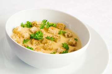 red lentil soup puree on broth with milk and egg yolk