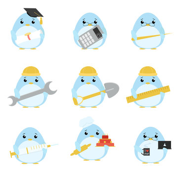 Vector set of penguins of various professions: Scientist, accountant, teacher, engineer, worker, builder, doctor, baker, programmer. Cute cartoon illustration