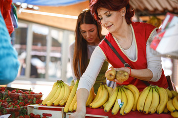 Mature age fruit market saleswoman selecting fresh fruit and preparing for working day.