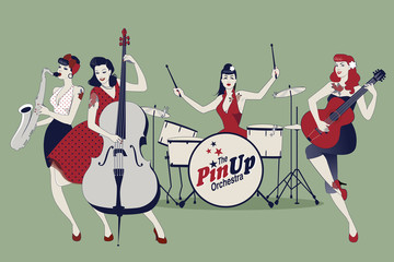 Naklejka premium PinUp Girls Band. Four beautiful and tattooed pinup girls playing music. Vector Illustration