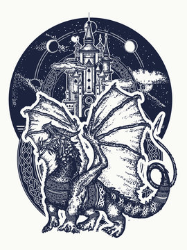Dragon and castle tattoo art. Symbol force, fantasy, fairy tale. Strong dragon with celtic ornament and ancient castle  t-shirt design