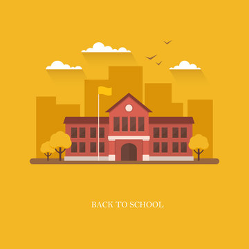 School building illustration on orange background