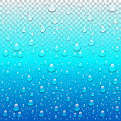 Realistic vector water drops transparent blue background. Clean drop condensation illustration