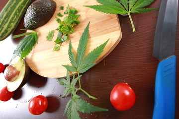 Fresh hemp leaves for salad preparation. The medical cannabis
