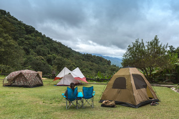 relaxing sitting in camping and mountain