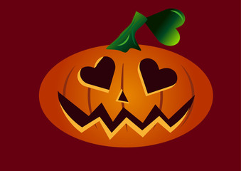 Scary halloween pumpkin face in love with heart shaped eyes