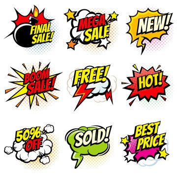 Best offer and sale promotional vector collection of pop art cartoon speech bubbles