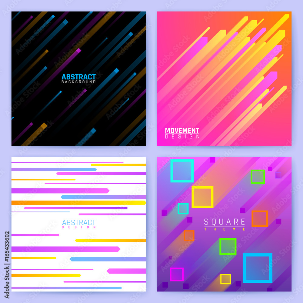 Poster abstract trendy motion vector backgrounds with colorful geometric shapes. dynamic patterns set in ma