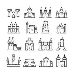 Fototapeta Medieval castle and ancient tower fortress line vector icons obraz