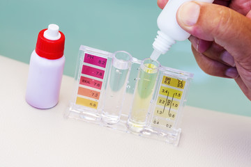 Kit of Ph chlorine and bromide test. Close-up on the test zone for chlorine and bromide