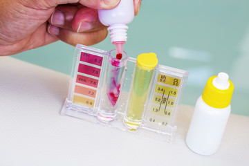 Kit of Ph chlorine and bromide test. Close-up on the test zone for pH