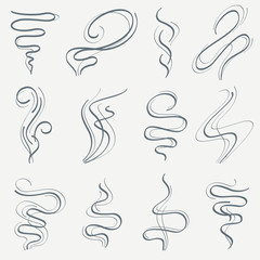 Aroma and smoke line stream. Smell linear trails vector set