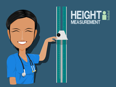 Medical staff show height measurement on blue background
