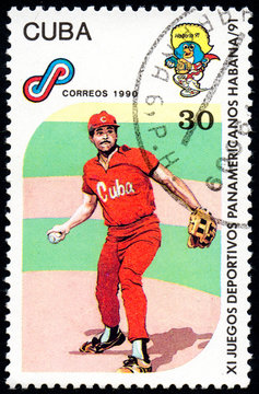 UKRAINE - CIRCA 2017: A postage stamp printed in Cuba shows Baseball from series 11th Pan American Games, circa 1990